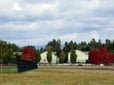 Photo of park fencing with lawn in the foreground and trees and buildings in the background