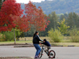 Photo of an adult helping a child learning how to ride a bike in a lot with beautiful trees in the background