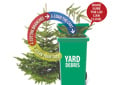 Yard debris container with Christmas trees beside it. Graphic over image with the following steps: 1. Clean your tree. 2. Cut the branches. 3. Load the cart