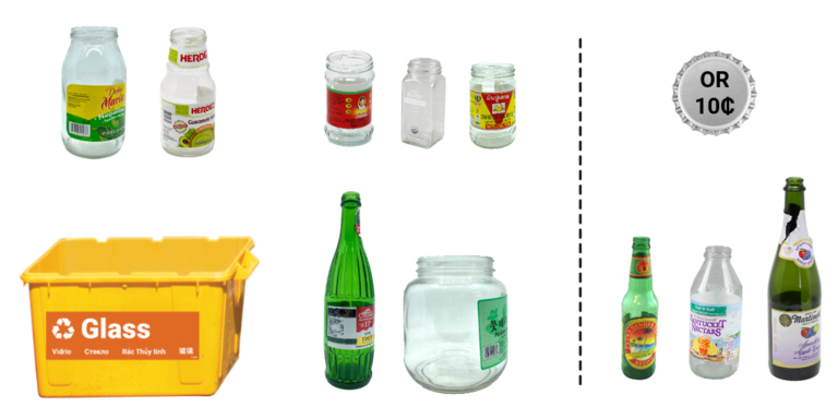 Glass allowed including, glass bottles, jars and bottles.