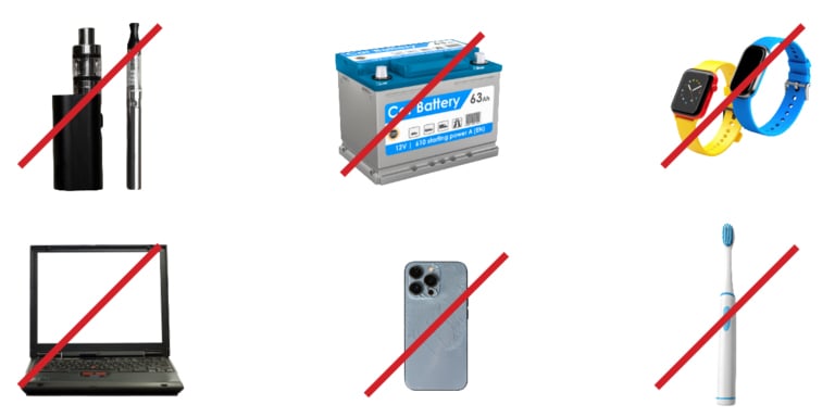 Batteries not allowed including car, phone, computer and vape pens