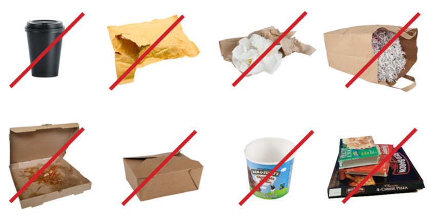 Paper not allowed including to-go food containers, paper coffee cups, ice cream container, shredded paper and soiled pizza box.