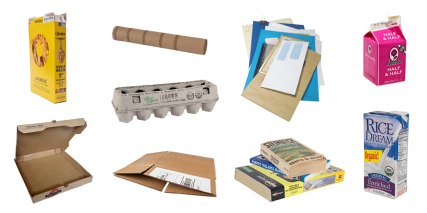 Allowed paper items, including egg carton, cereal box, mail, milk carton and pizza box.