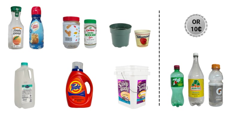 Plastics allowed including milk jug, small buckets, juice and creamer containers, soda bottles.