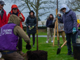 Group of people with shovels watch a volunteer prepare to plant a tree. 